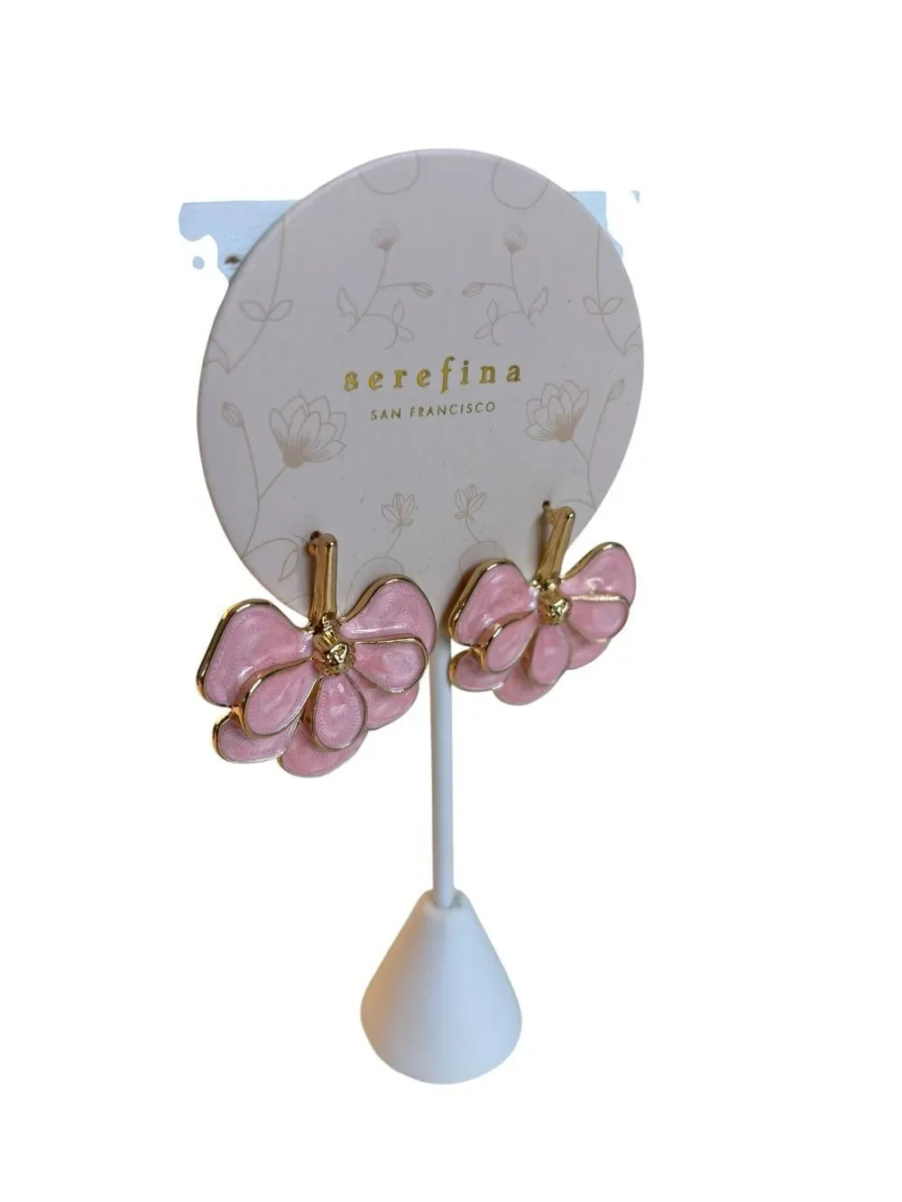 Light Pink & Gold Tone Multi-layered Enamel Flower Petal Drop Earrings.